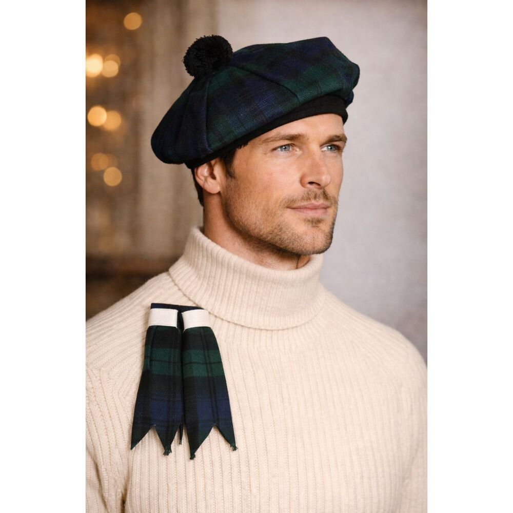 Black Watch Tartan Tam O’Shanter Hat + Kilt Hose Flashes Garter Set